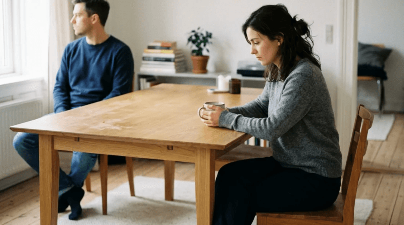 A couple sitting at a table, emotionally distant from one another