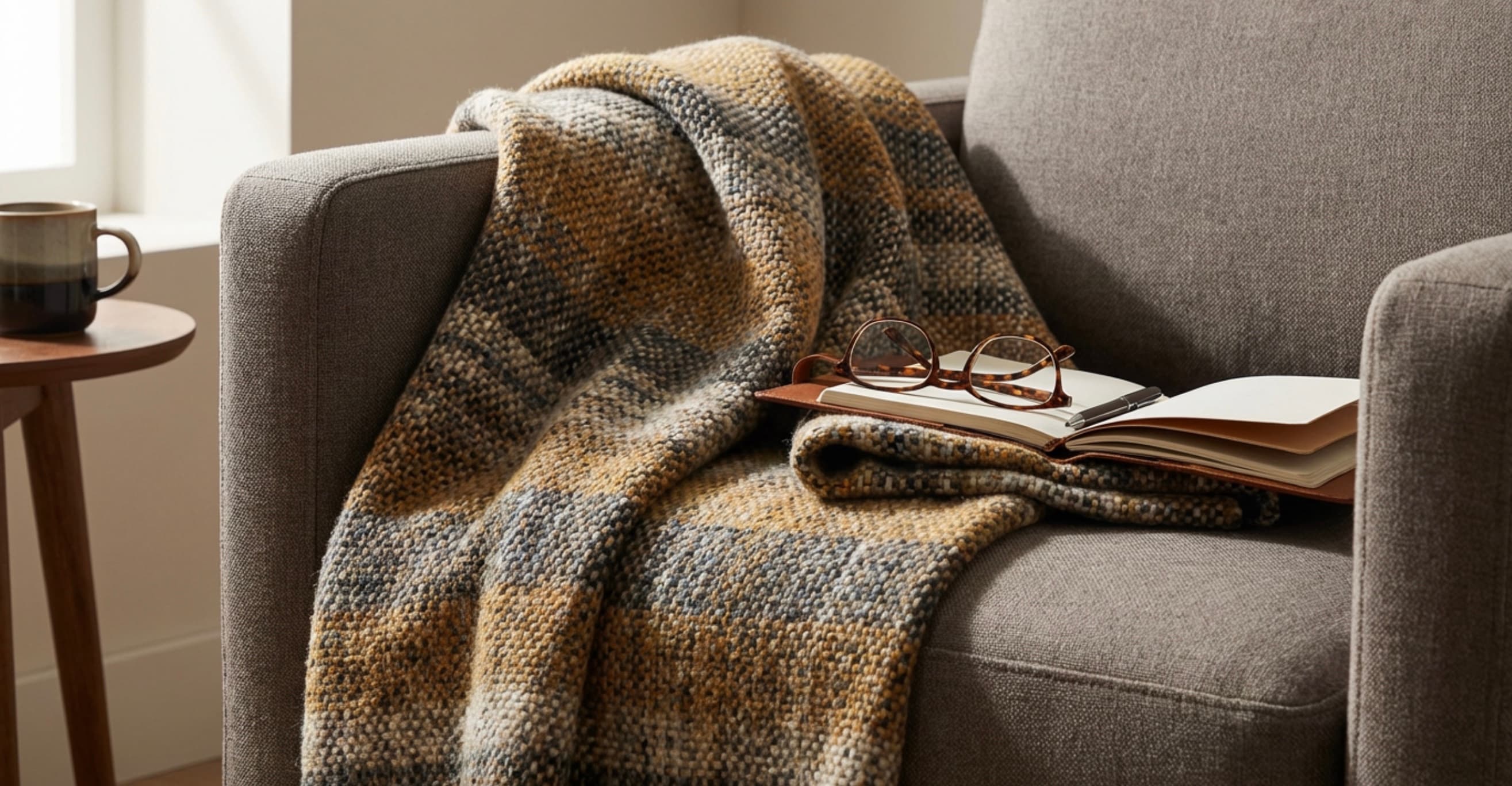 A cozy therapy chair with a blanket and notepad
